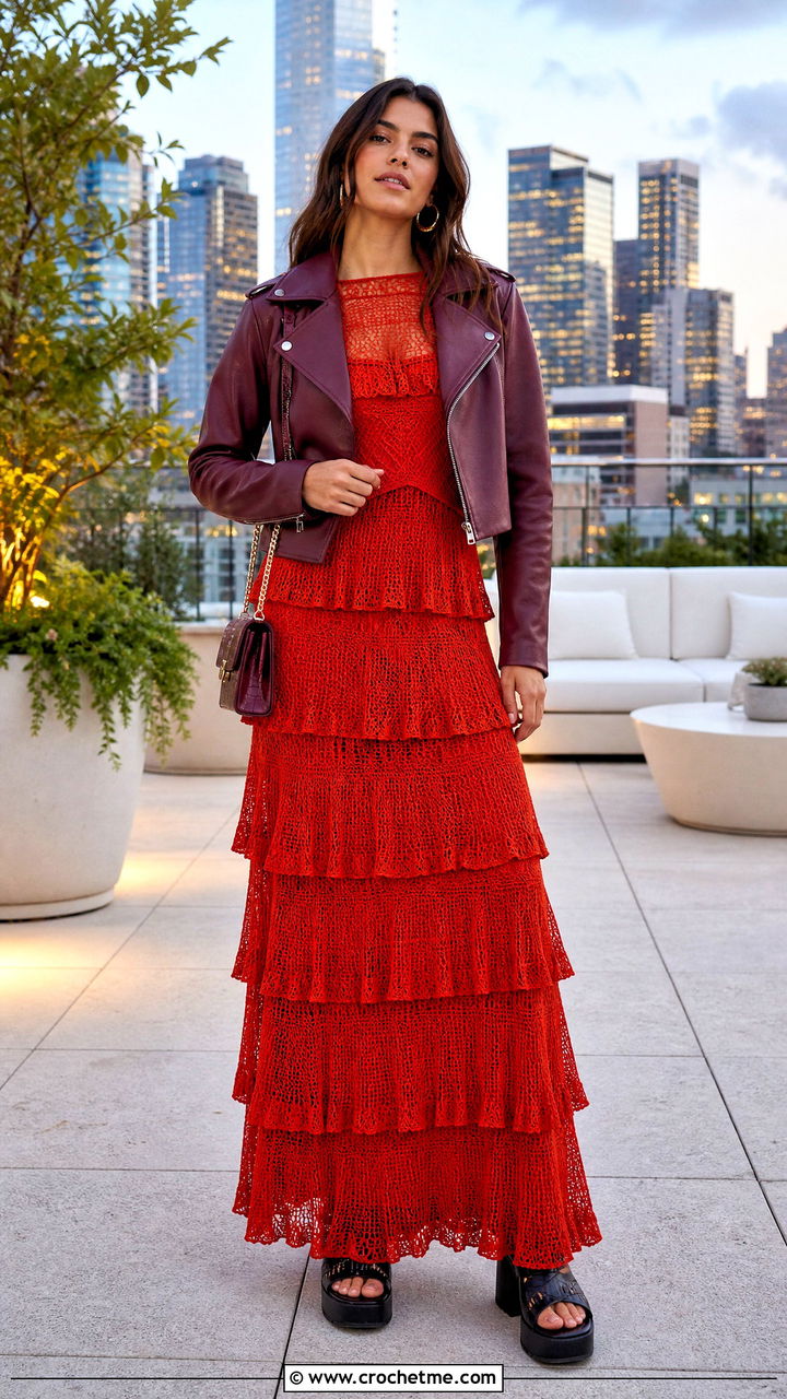 Tiered Crochet Maxi Dress With Moto Jacket And Platform Sandals - 35 crochet dress outfits ideas