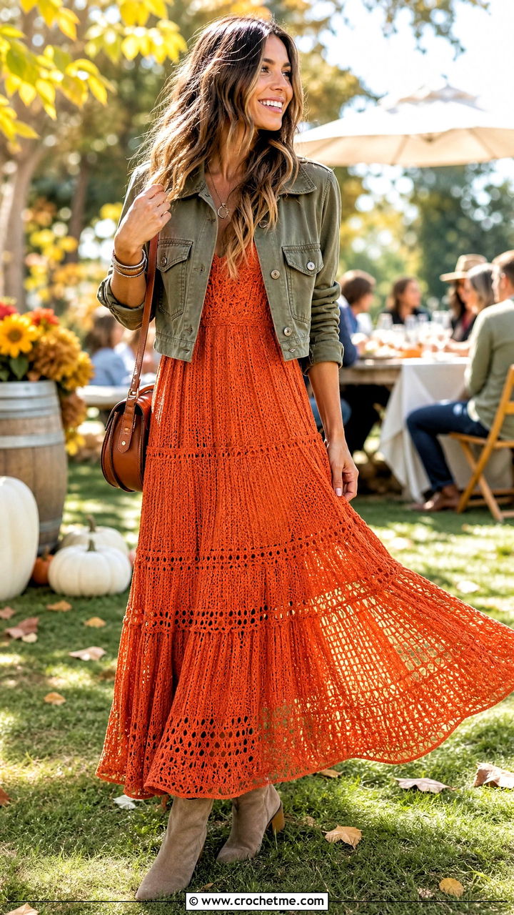 Tiered Crochet Maxi Dress With Suede Ankle Boots - 35 crochet dress inspo outfit ideas