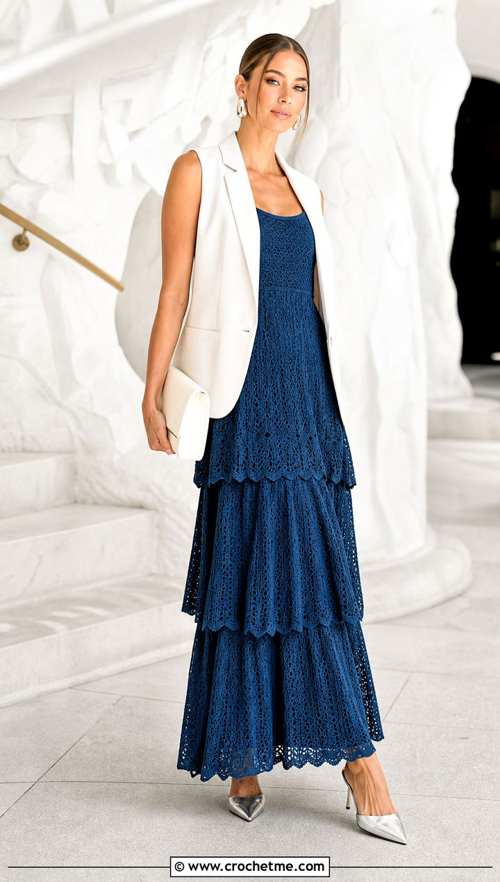 Tiered Crochet Maxi Dress With Tailored Vest - 25 Cute Crochet Dress outfit ideas