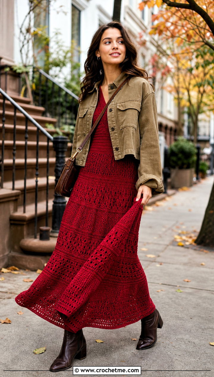 Tiered Crochet Maxi Dress With Utility Jacket - 25 boho crochet dress outfit ideas