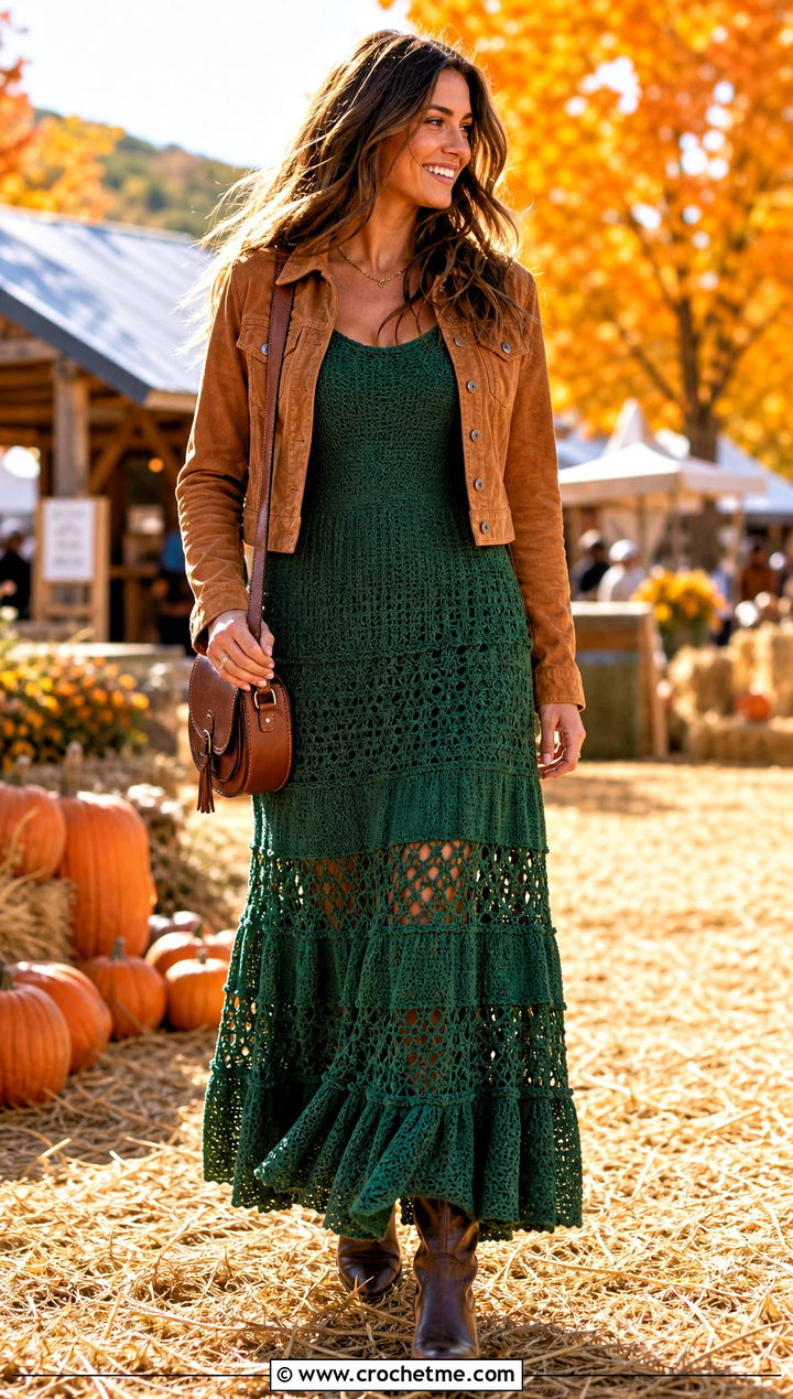 Tiered Crochet Maxi Dress With Western Boots - 15 Diy Crochet Dress Ideas