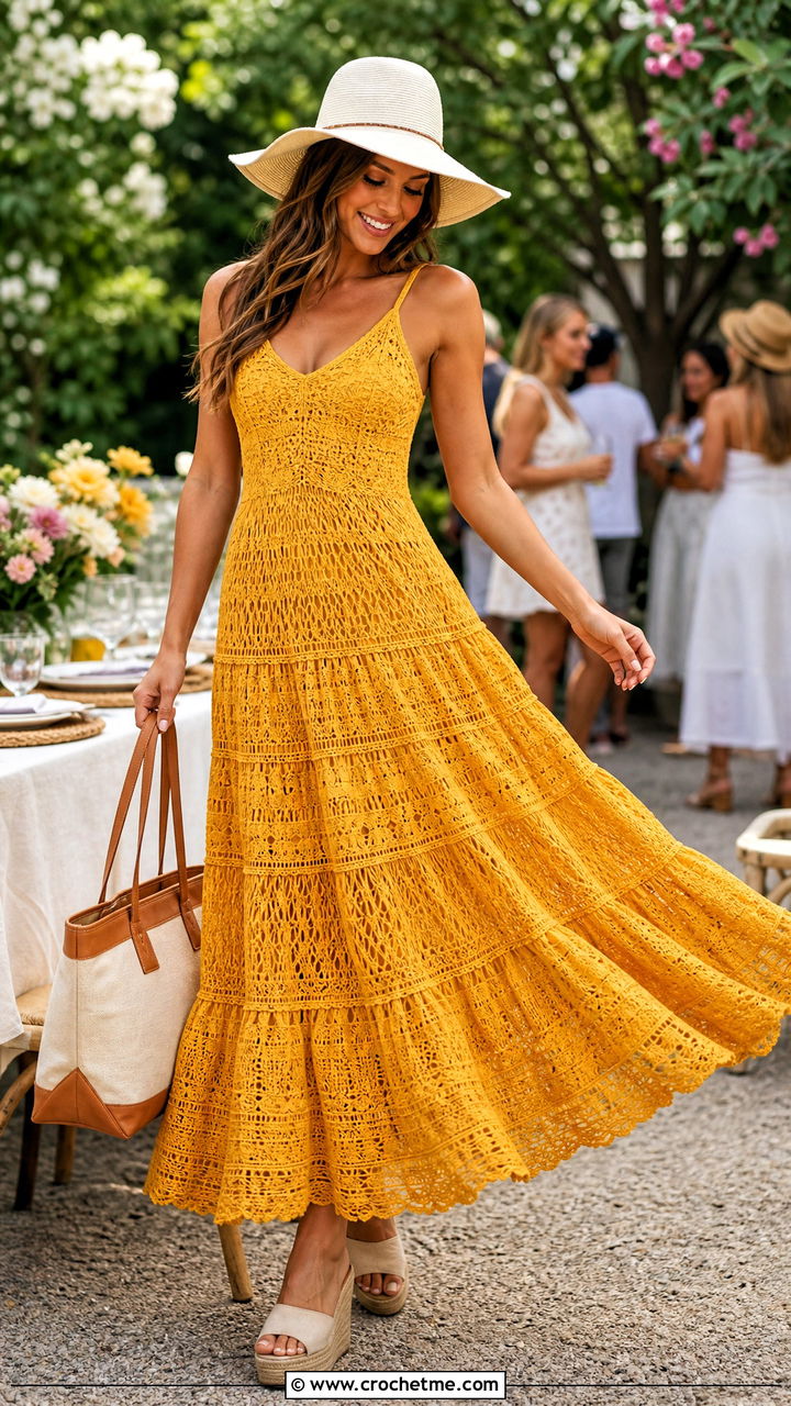 Tiered Crochet Maxi Frock With Espadrilles - 35 Crochet Frocks For Women outfit ideas