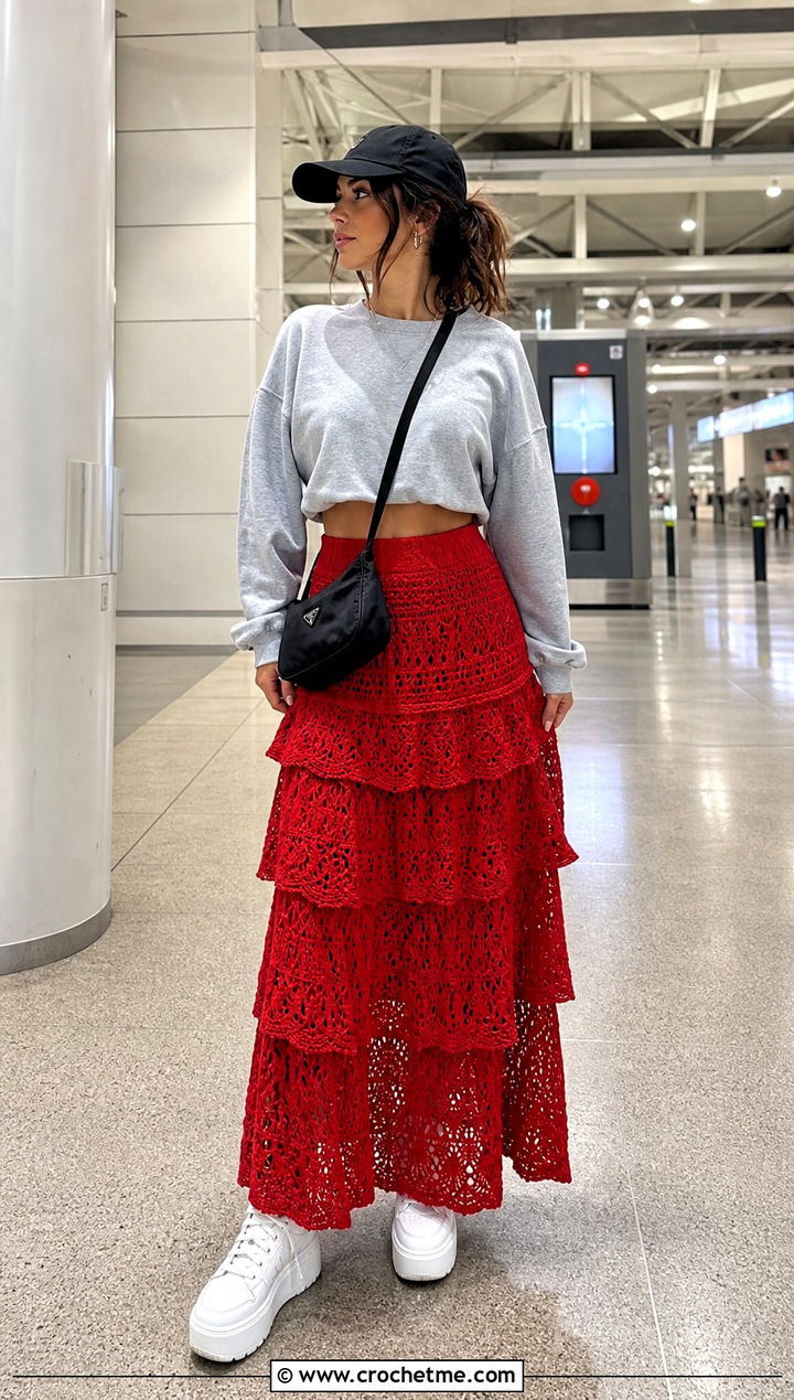 Tiered Crochet Maxi Skirt With Cropped Sweatshirt - 15 valentine's day crochet skirt outfit ideas