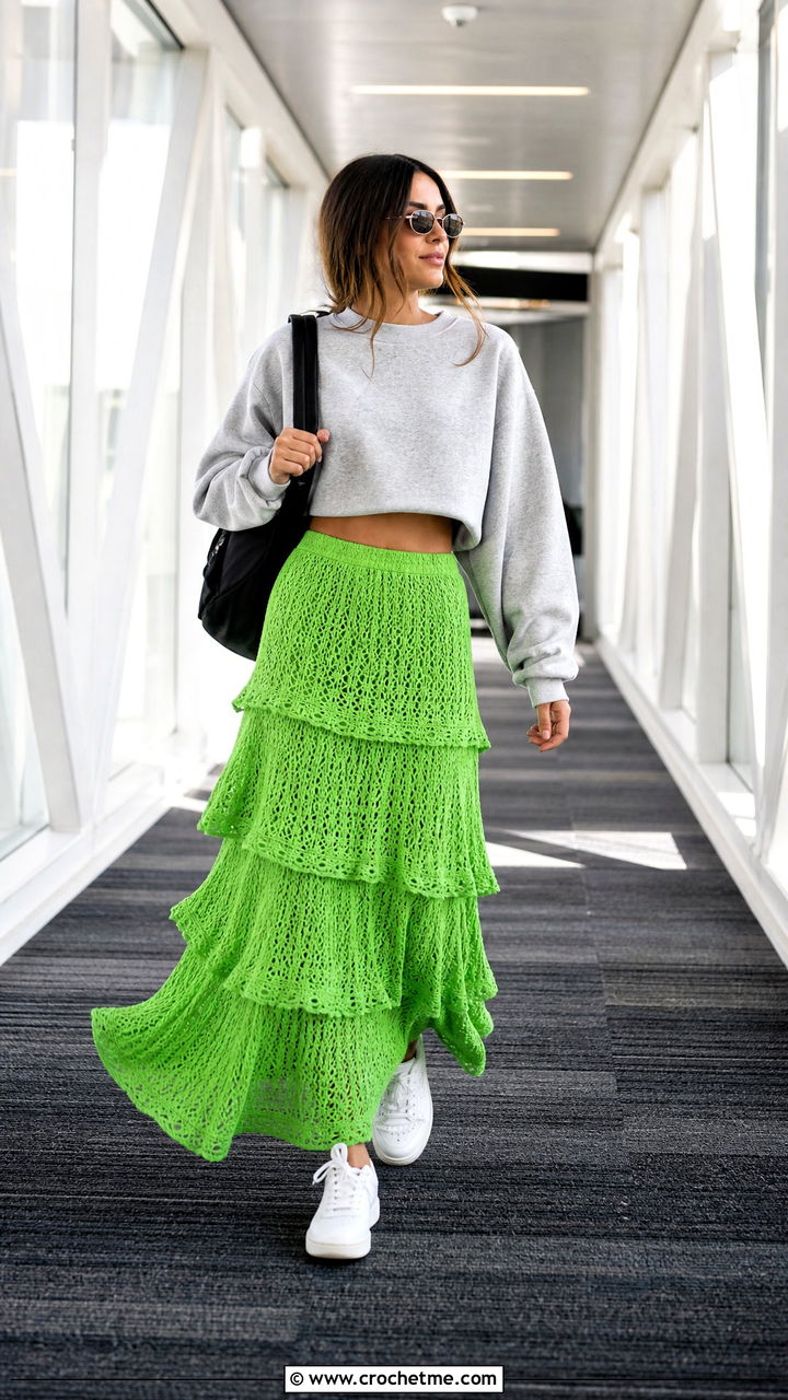 Tiered Crochet Maxi Skirt With Cropped Sweatshirt - 35 crochet skirts outfit ideas