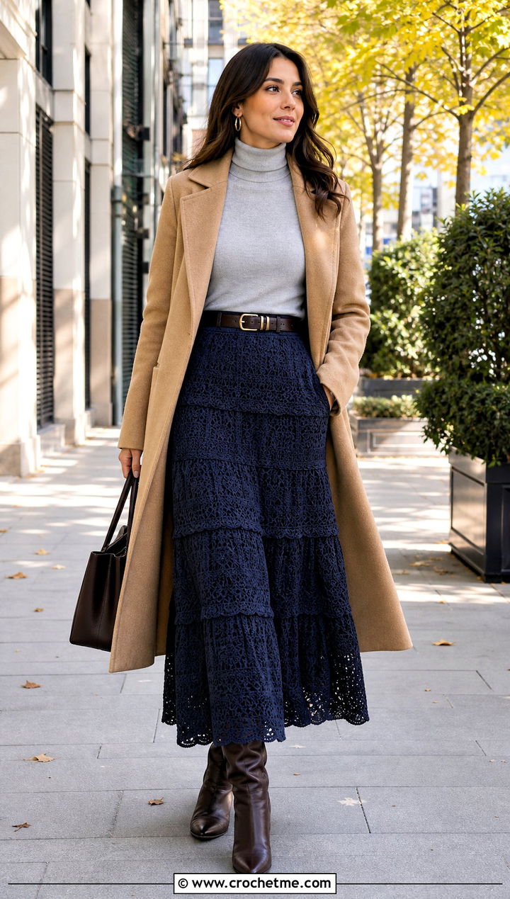 Tiered Crochet Maxi Skirt With Fitted Turtleneck - 25 Simple Crochet Skirt outfit ideas