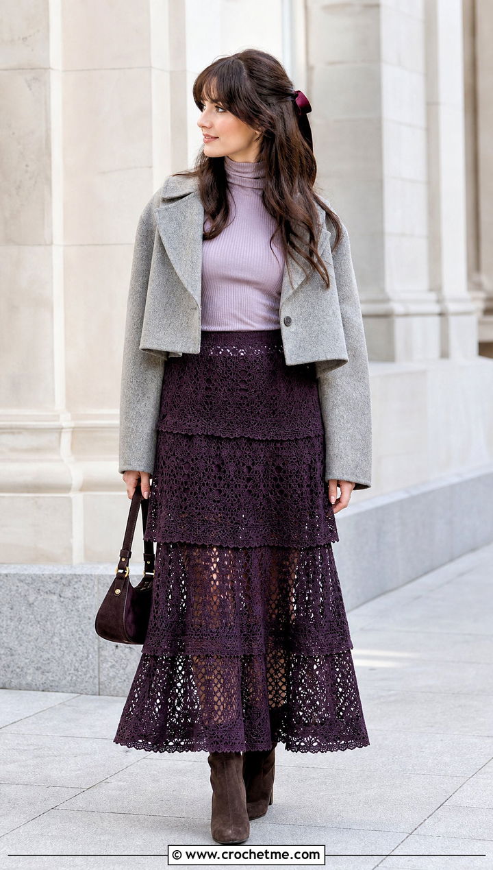 Tiered Crochet Maxi Skirt With Fitted Turtleneck - 15 Crochet Skirt Fairycore outfit ideas