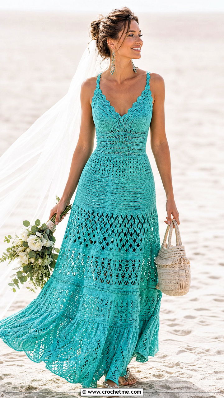Tiered Crochet Maxi Wedding Dress With Flat Sandals - 35 crochet wedding dresses outfit ideas