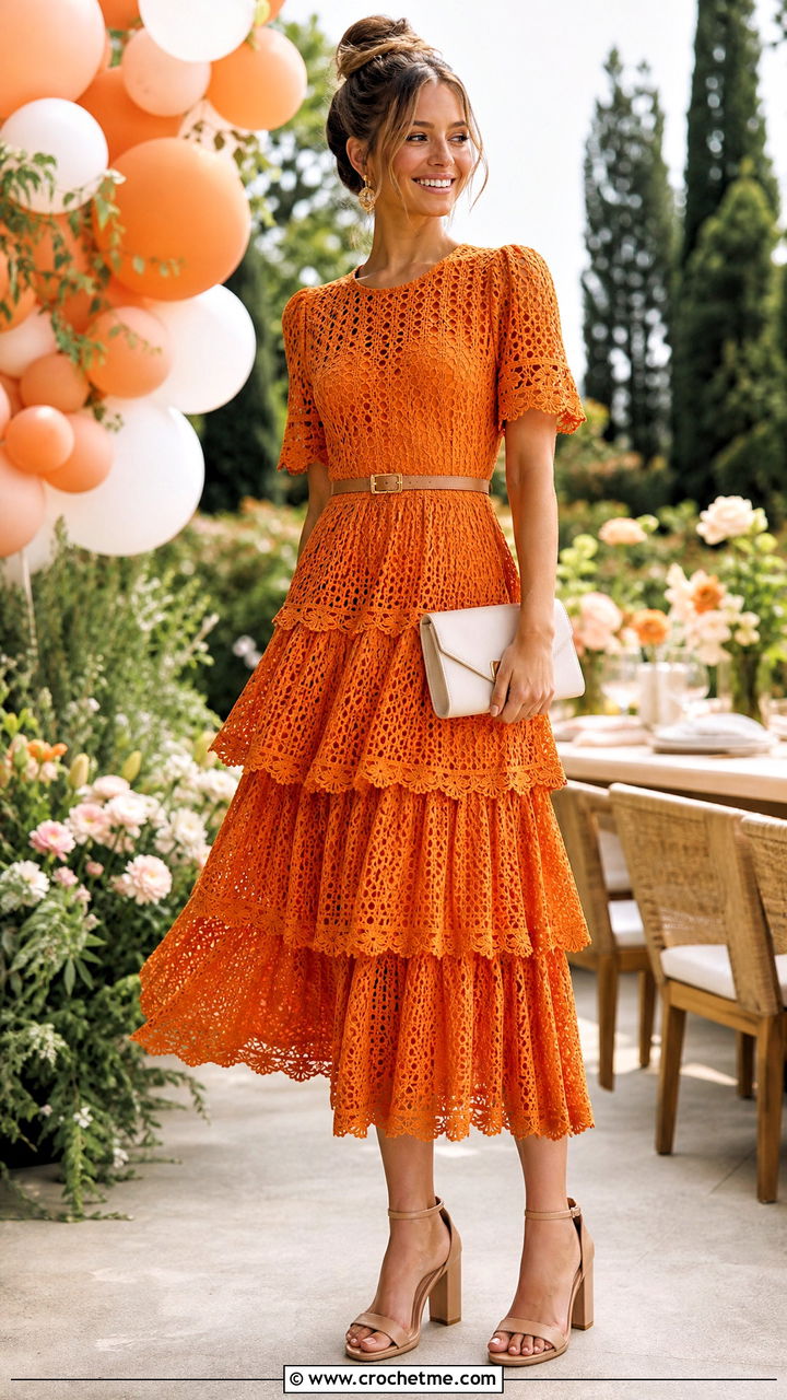 Tiered Crochet Midi Party Dress With Block Heels - 35 crochet party dress outfit ideas