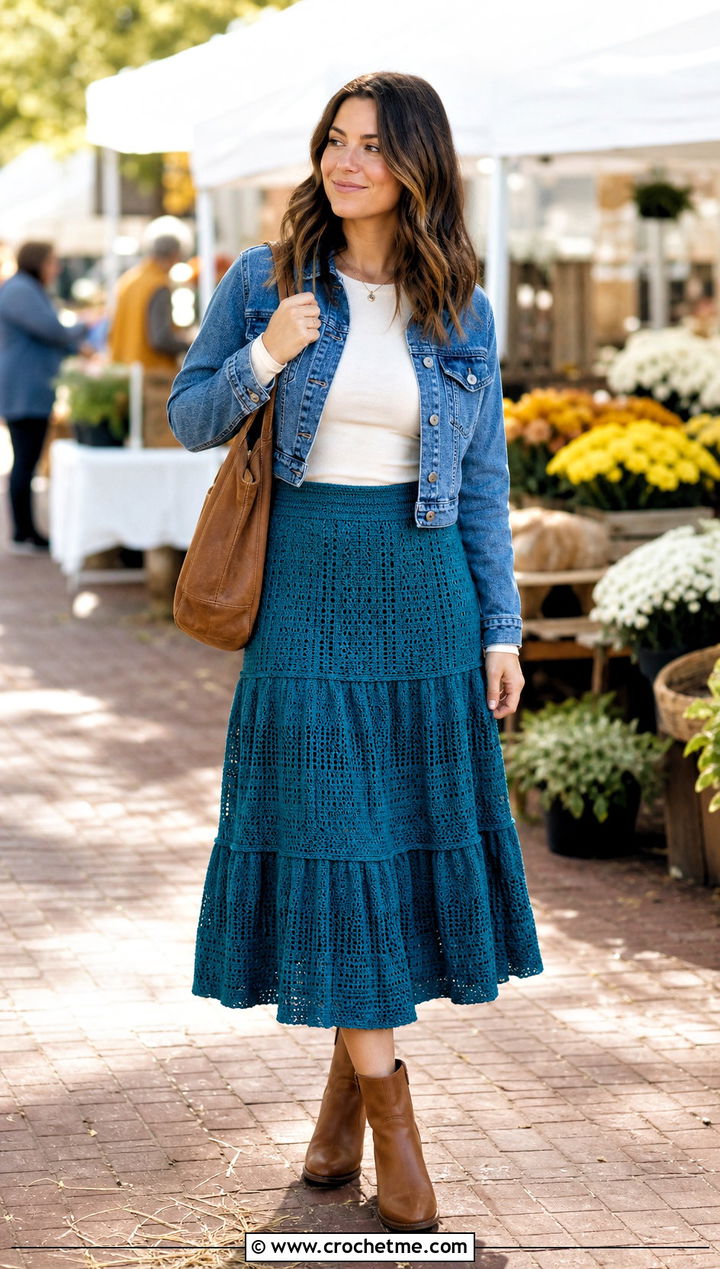 Tiered Crochet Midi Skirt With Denim Jacket - 15 Crochet Maid Skirt outfit ideas