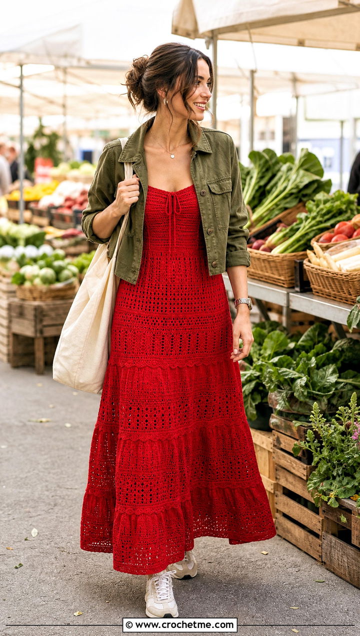 Tiered Crochet Milkmaid Dress With Field Jacket - 30 crochet milkmaid dress outfit ideas