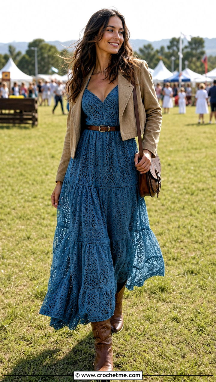 Tiered Crochet Nightgown With Western Boots - 35 crochet nightgown outfit ideas