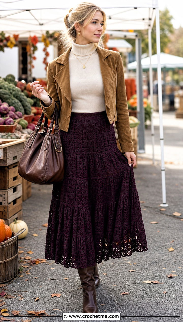 Tiered Crochet Peasant Skirt With Turtleneck And Boots - 15 Vintage Crochet Skirt outfit ideas