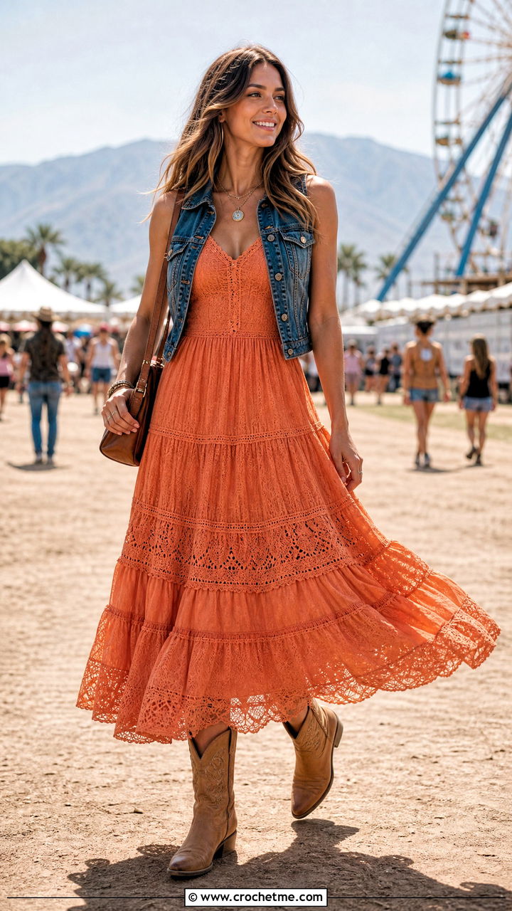 Tiered Crochet Princess Dress With Cowboy Boots - 35 crochet princess dress outfit ideas