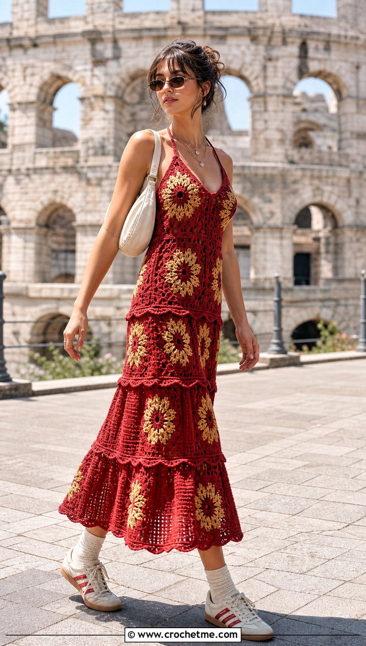 Tiered Crochet Sunflower Dress With Retro Sneakers - 35 crochet sunflower dress outfit ideas