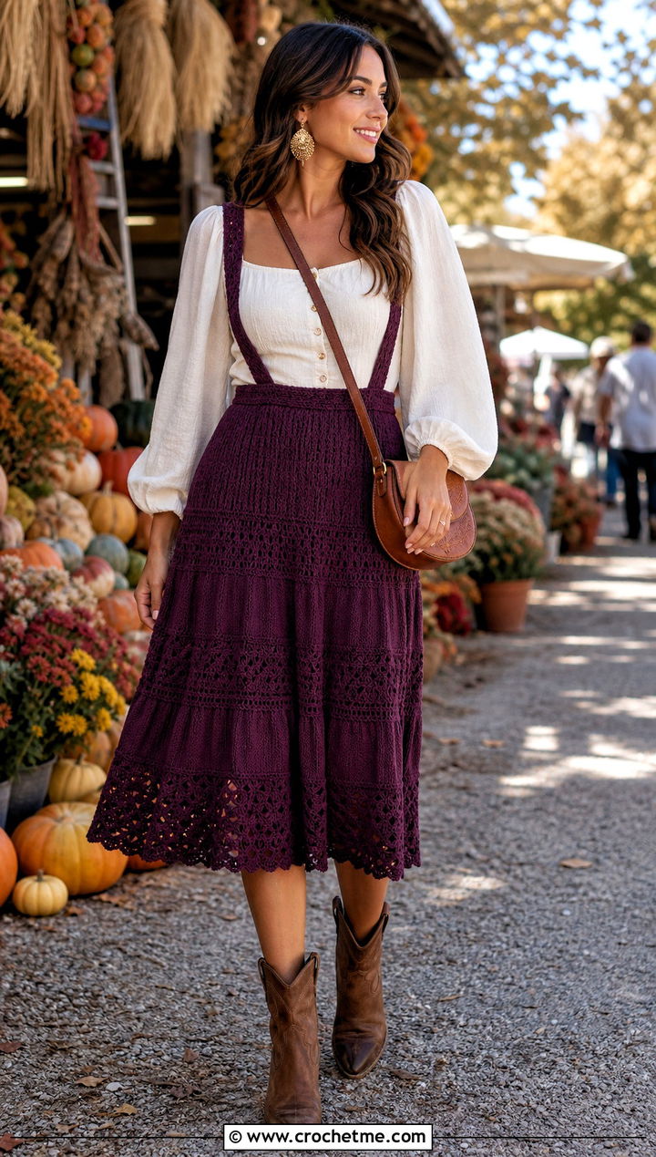 Tiered Crochet Suspender Skirt With Puff Sleeve Blouse - 25 crochet suspender skirt outfit ideas