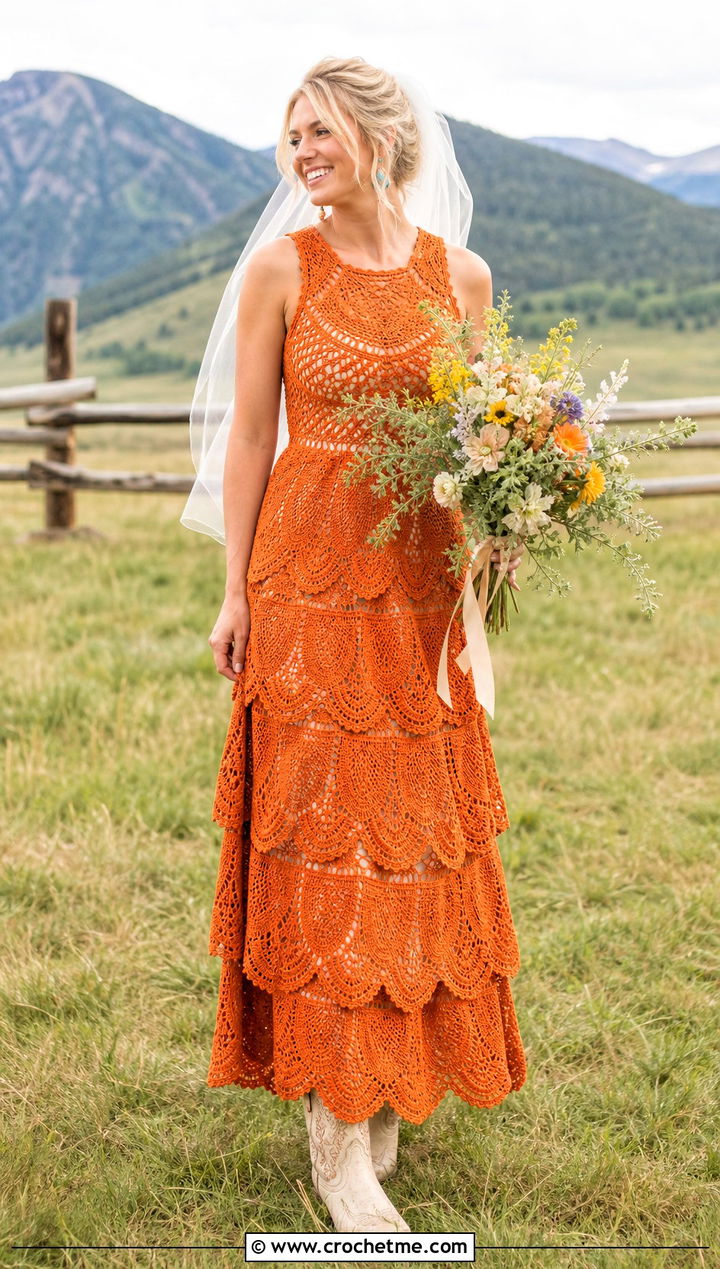 Tiered Crochet Wedding Dress With Western Boots - 15 crochet wedding dress inspiration outfit ideas
