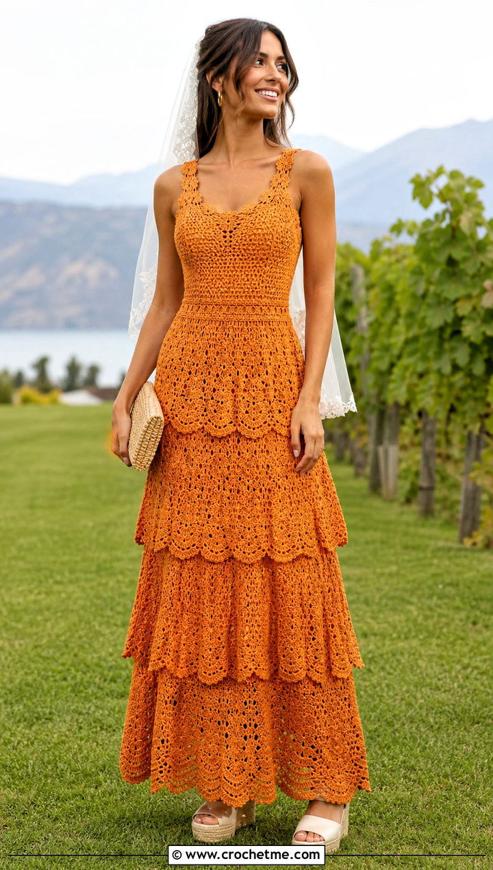 Tiered Crochet Wedding Gown With Espadrille Wedges - 30 crochet wedding dress gowns outfit ideas