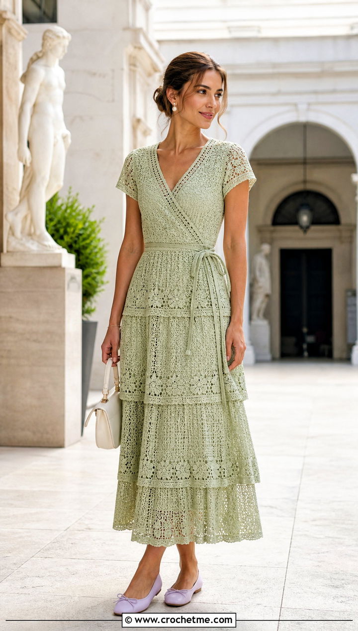 Tiered Crochet Wrap Dress With Ballet Flats - 35 crochet wrap dress outfit ideas