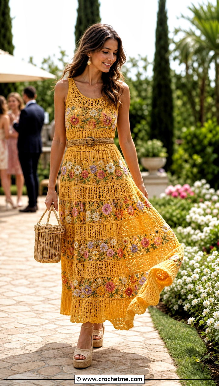 Tiered Floral Crochet Maxi Dress With Espadrilles - 15 floral crochet maxi dress outfit ideas