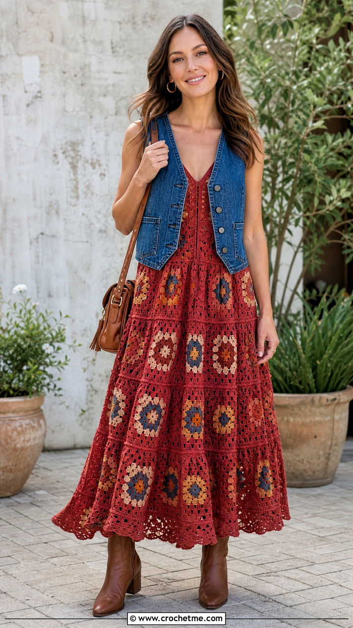 Tiered Granny Square Dress With Denim Vest And Ankle Boots - 35 granny square dress outfit ideas