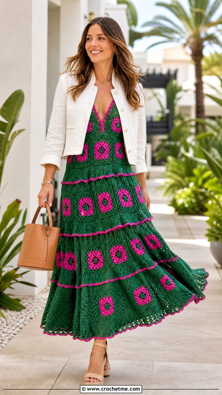 Tiered Granny Square Dress With Espadrilles - 35 crochet granny square dress outfit ideas