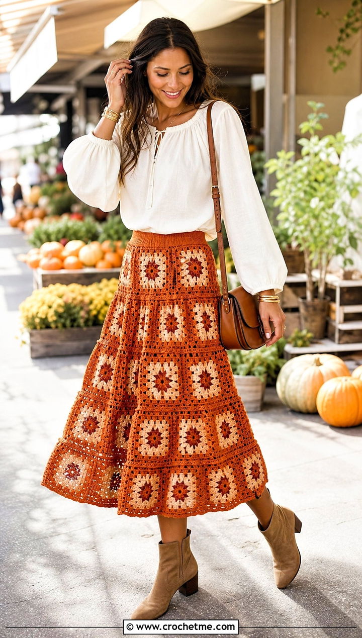 Tiered Granny Square Skirt With Cotton Peasant Blouse - 30 granny square crochet skirt outfit ideas