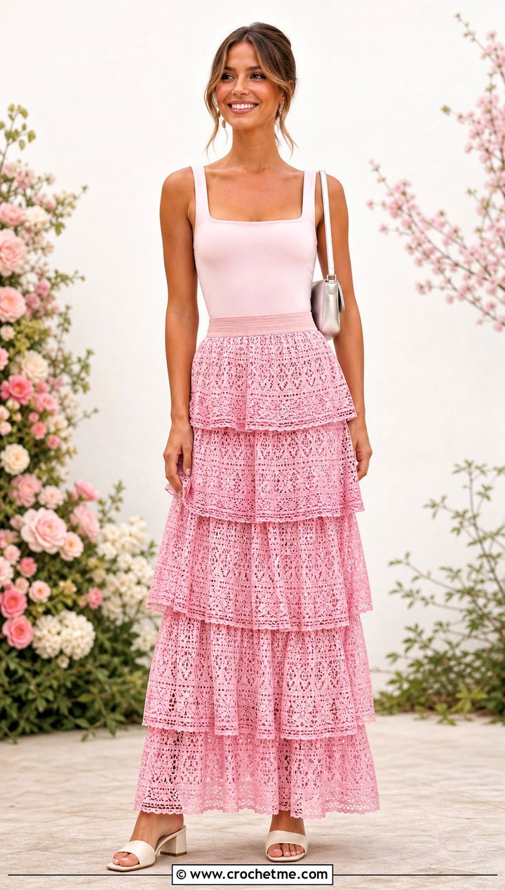 Tiered Lace Crochet Maxi Skirt With Bodysuit - 35 long crochet skirt outfit ideas