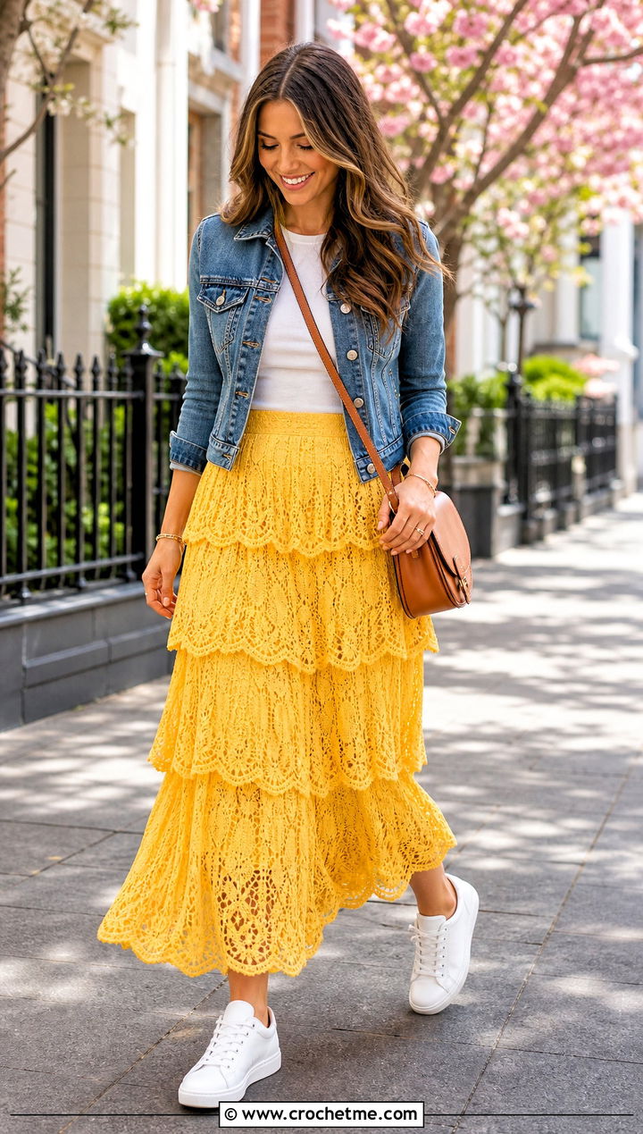 Tiered Lace Maxi Crochet Skirt With Denim Jacket - 35 maxi crochet skirt outfit ideas
