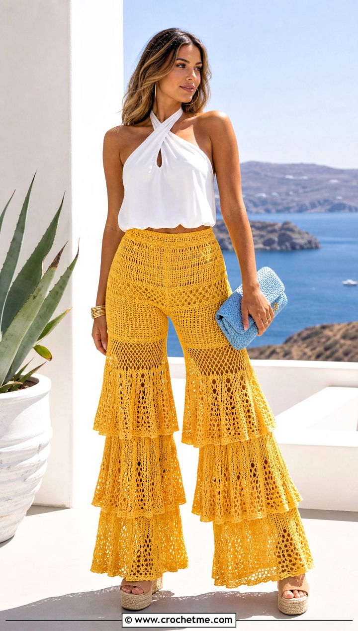 Tiered Mesh Flare Pants With Halter Neck Top - 20 Crochet Mesh Flare Pants outfit ideas