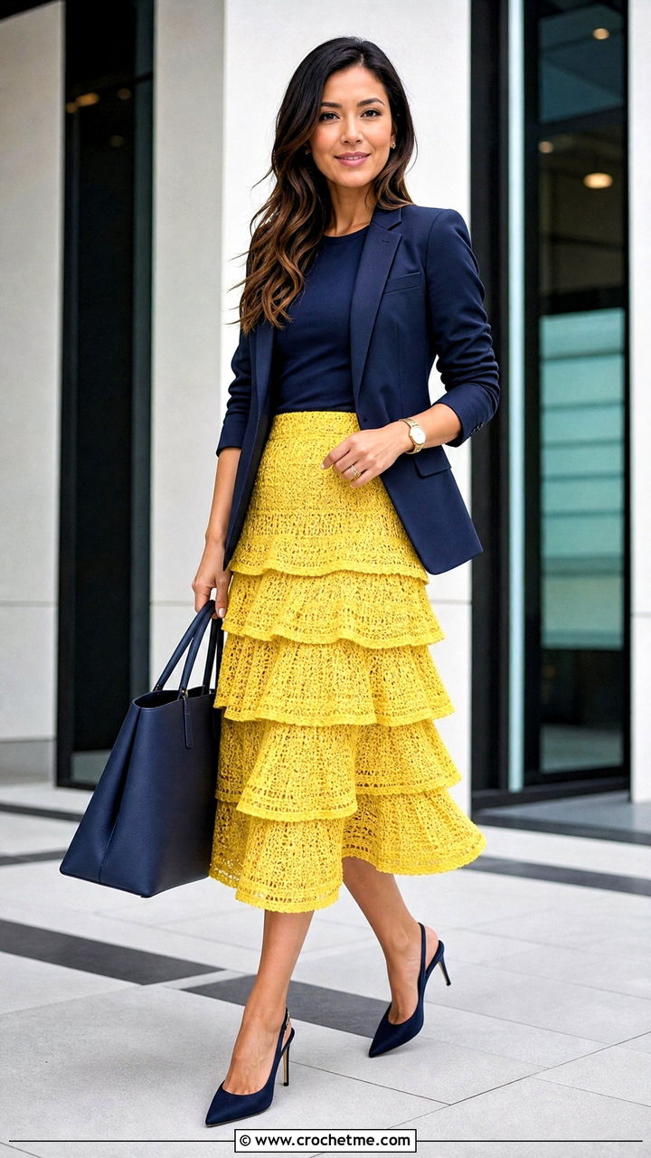 Tiered Ruffle Crochet Midi Skirt With Tailored Blazer - 35 crochet flowy skirt outfit ideas