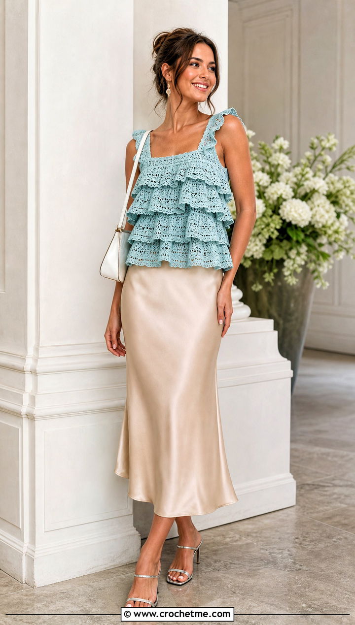 Tiered Ruffle Crochet Top With Slip Skirt - 25 ruffled crochet top outfit ideas
