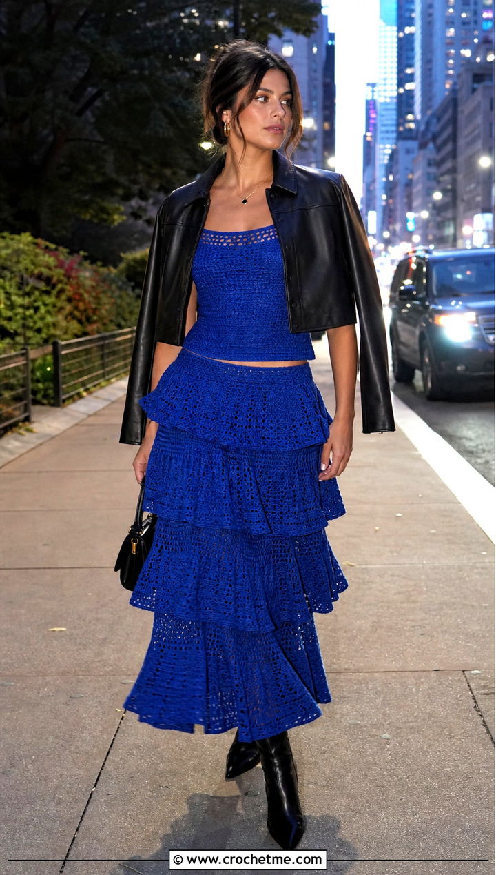 Tiered Ruffle Maxi Skirt Set With Leather Jacket - 35 Crochet Skirts Set Outfit ideas