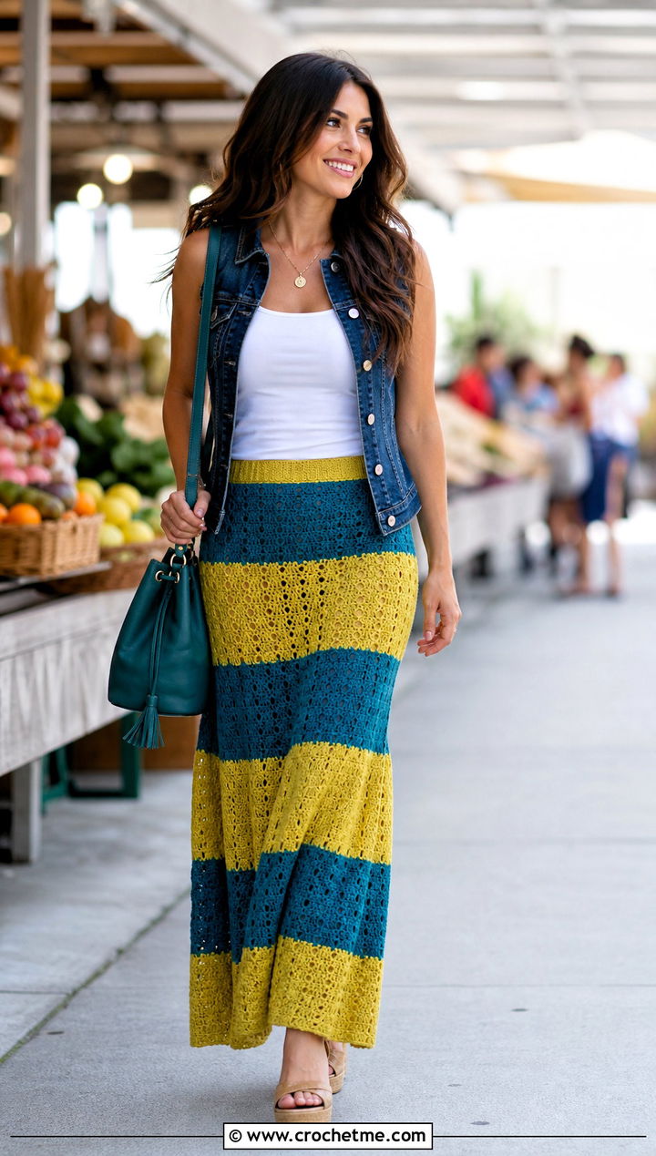 Tiered Striped Crochet Maxi Skirt With Denim Vest - 25 striped crochet skirt outfit ideas