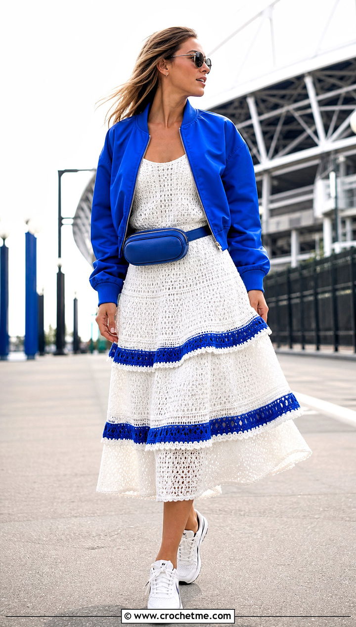 Tiered White Crochet Midi Dress With Sporty Bomber - 20 White Crochet Midi Dress outfit ideas