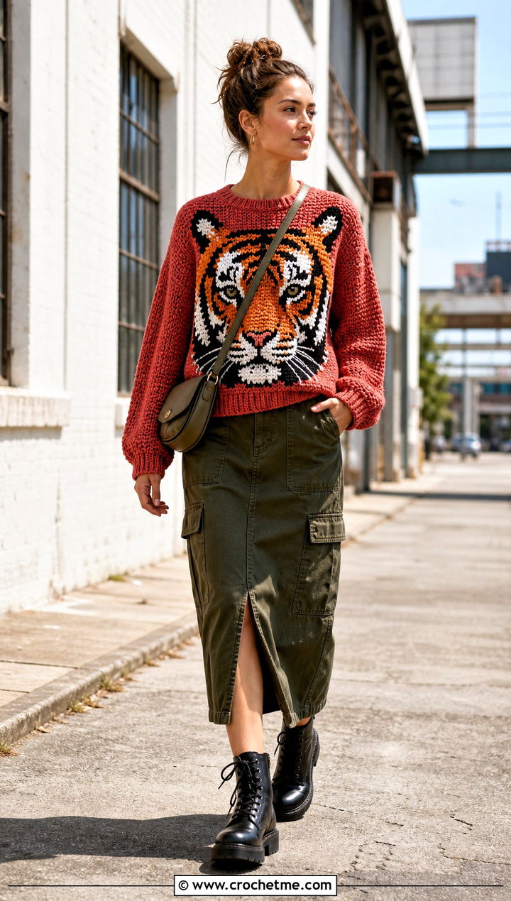 Tiger Crochet Character Sweater With Utility Skirt - 20 Crochet Character Sweater outfit ideas