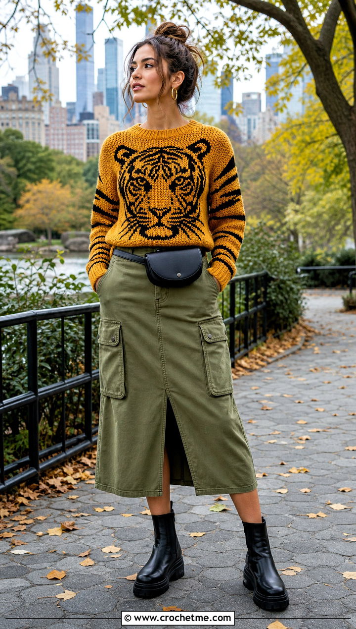 Tiger Crochet Graph Sweater With Utility Skirt - 30 crochet graph sweater outfit ideas