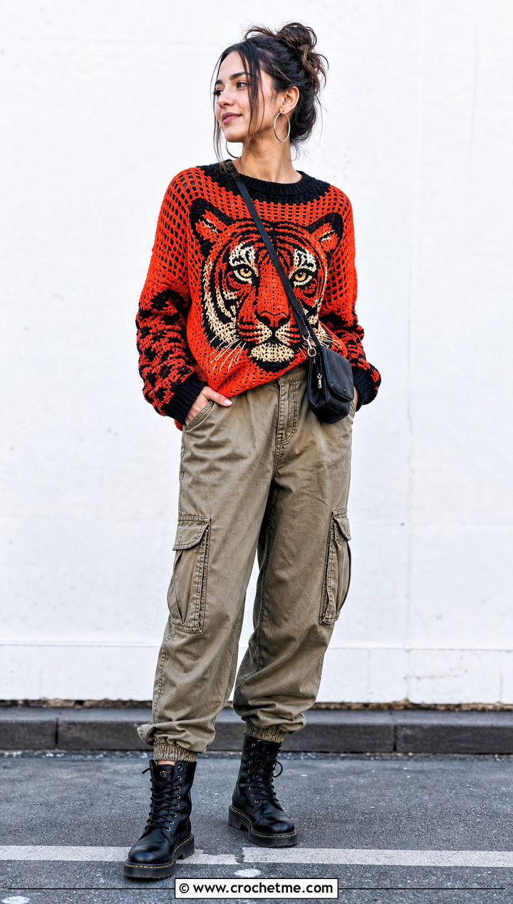 Tiger Crochet Mabel Sweater With Cargo Pants - 35 crochet mabel sweater outfit ideas