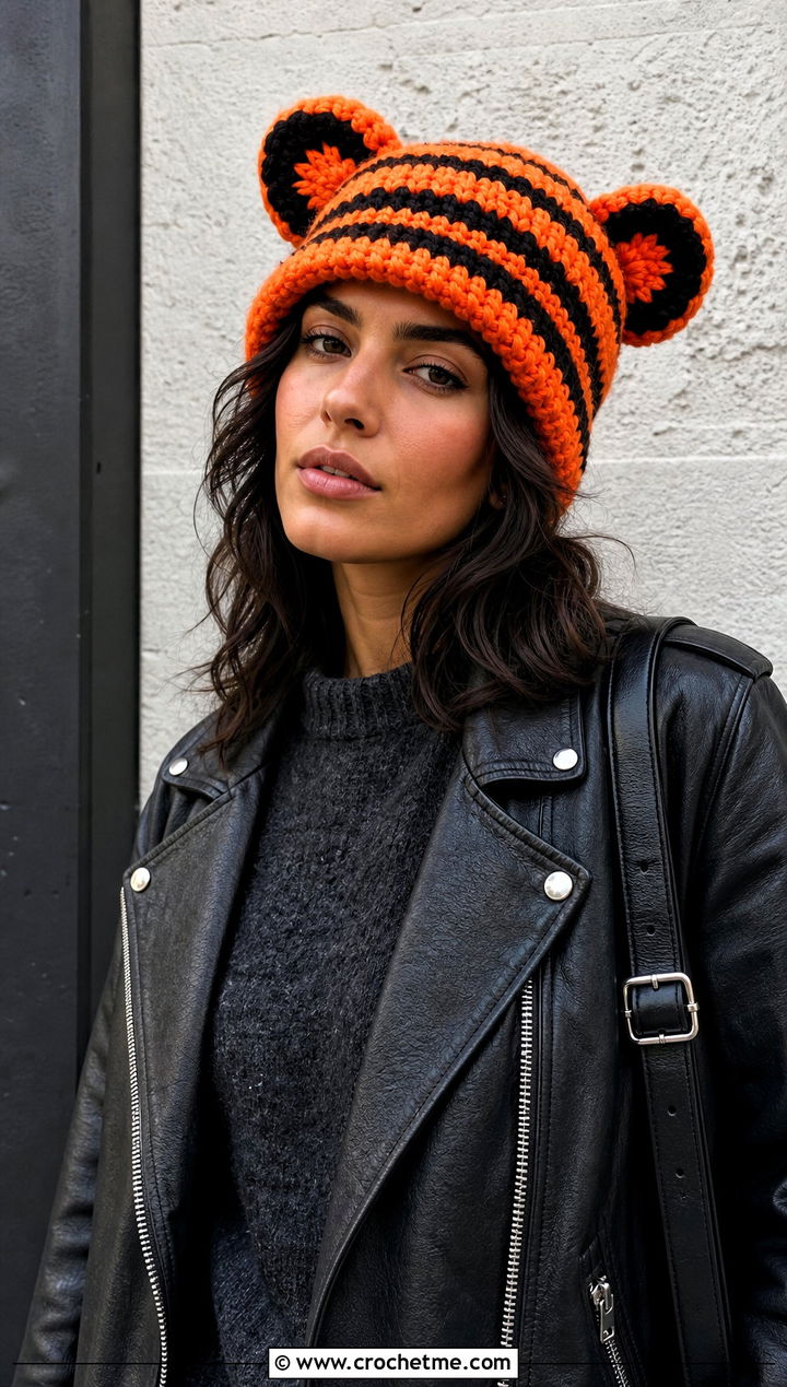 Tigger Striped Beanie With Black Leather Jacket - 25 Crochet Disney Beanie outfit ideas
