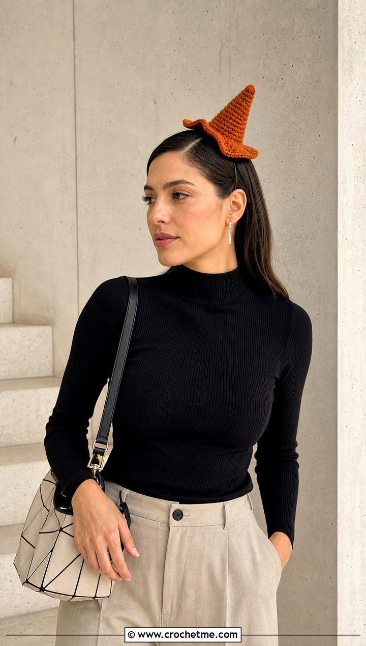 Tilted Mini Crochet Witch Hat With Wide Leg Trousers - 25 Mini Crochet Witch Hat outfit ideas