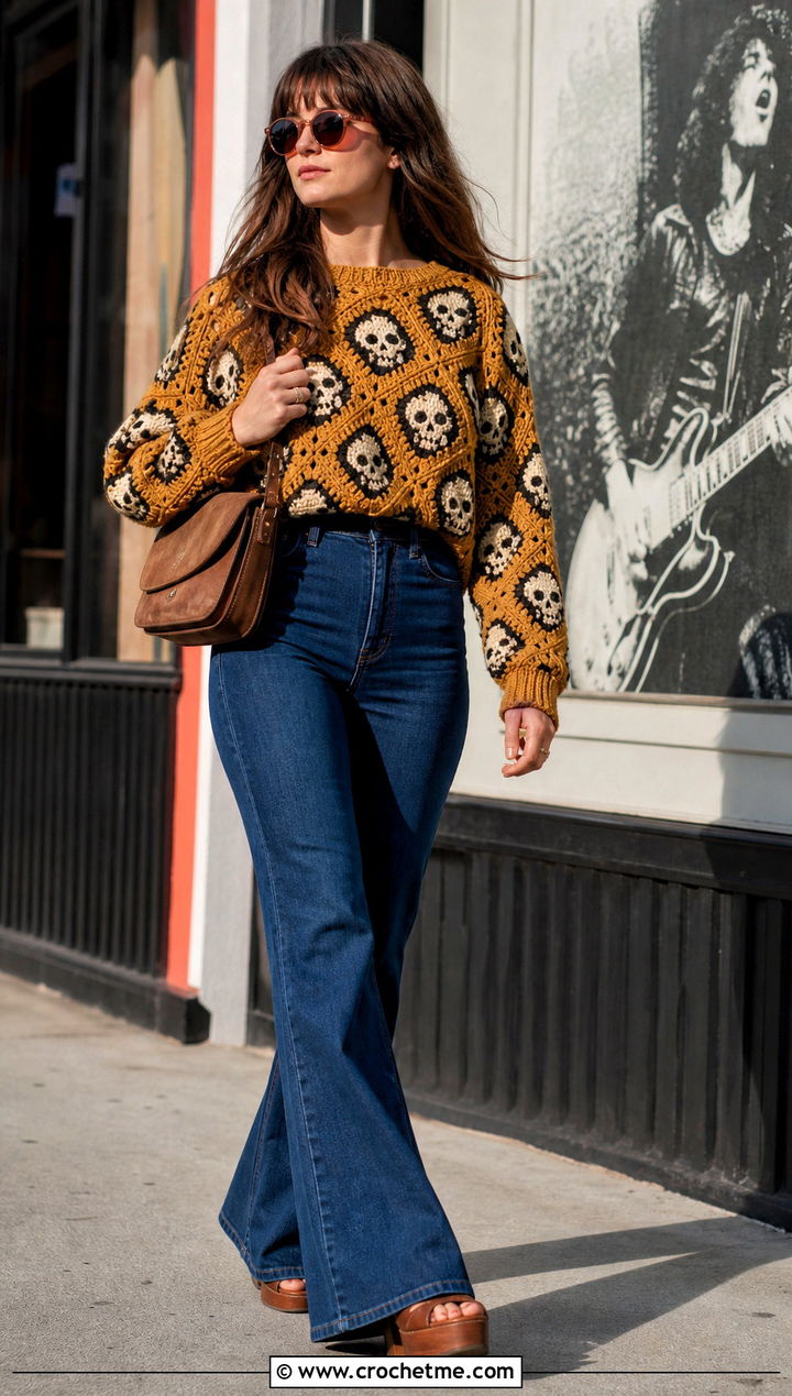 Tilted Skull Granny Square Sweater With Flared Jeans - 35 crochet skull sweater outfit ideas