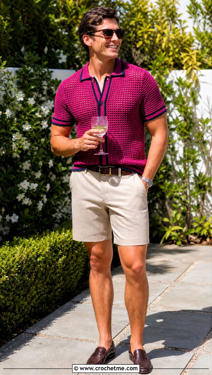 Tipped Crochet Polo With Bermuda Shorts - 35 men's crochet shirt outfit ideas