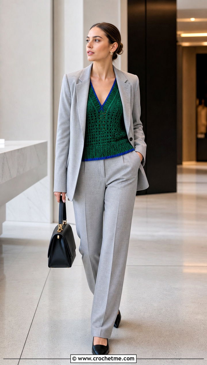 Tipped Trim Crochet V Neck Sweater Vest With Tailored Suit - 25 crochet v neck sweater vest outfit ideas