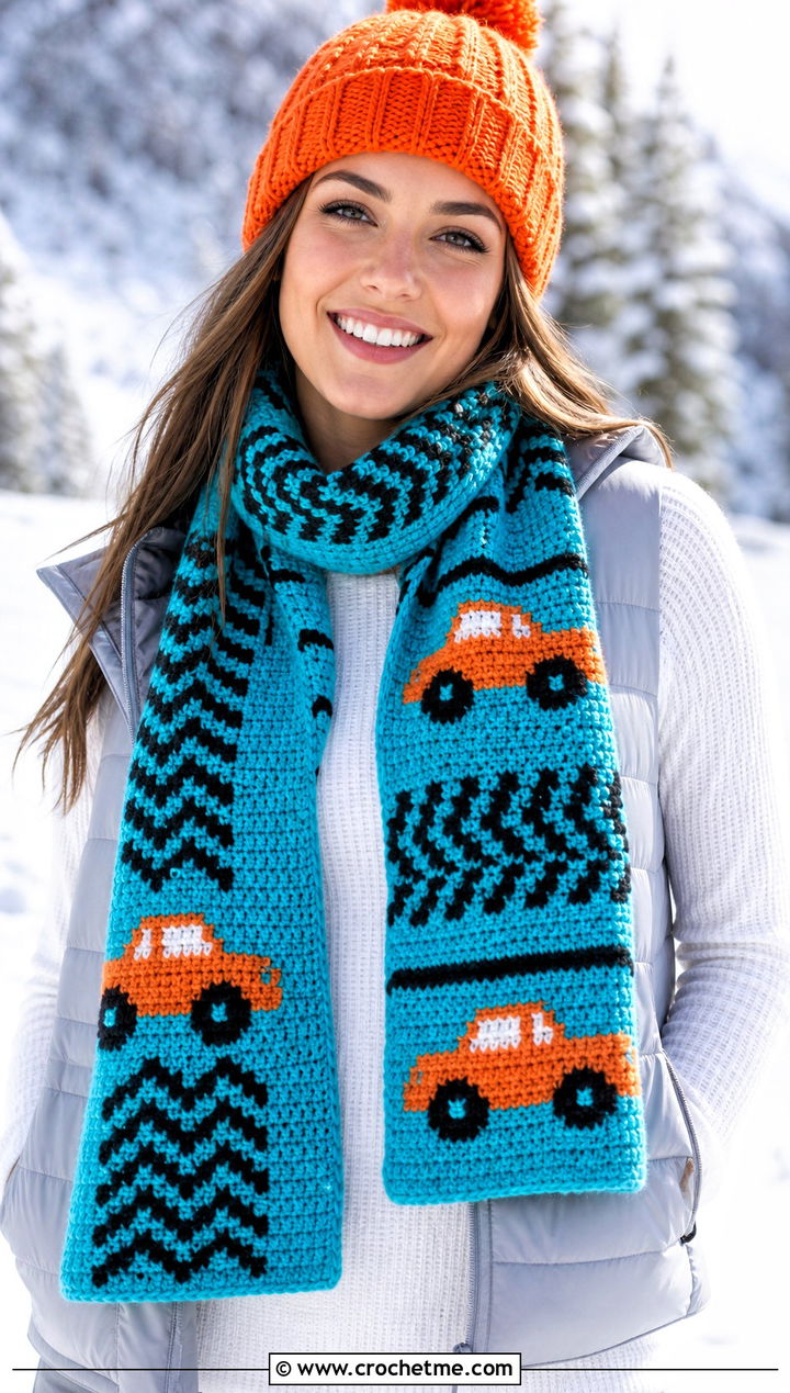 Tire Tread Truck Crochet Scarf With Puffer Vest - 20 Crochet Truck Scarf outfit ideas