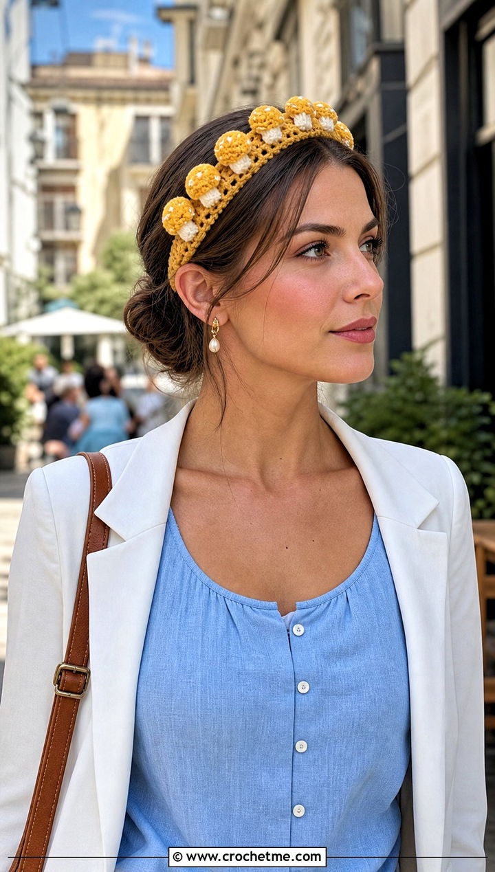 Toadstool Crown Crochet Headband With Tailored Shorts - 25 Crochet Mushroom Headband outfit ideas