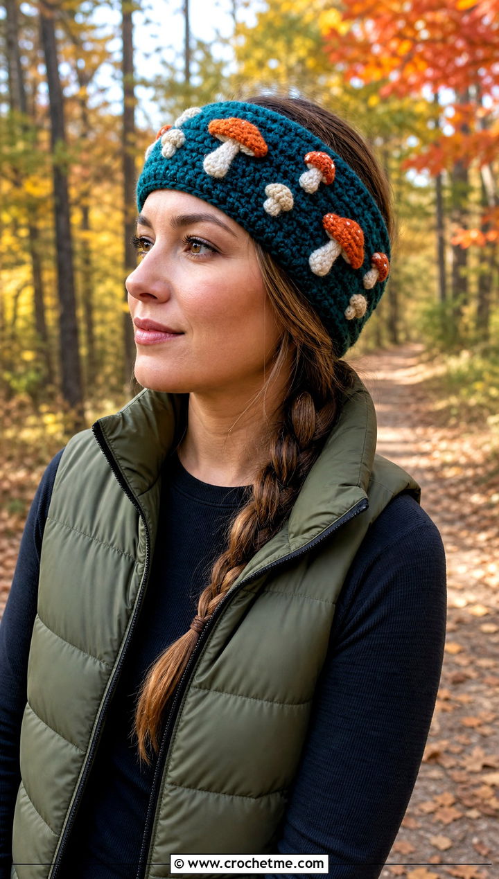 Toadstool Ear Warmer Headband With Puffer Vest - 25 mushroom crochet headband outfit ideas