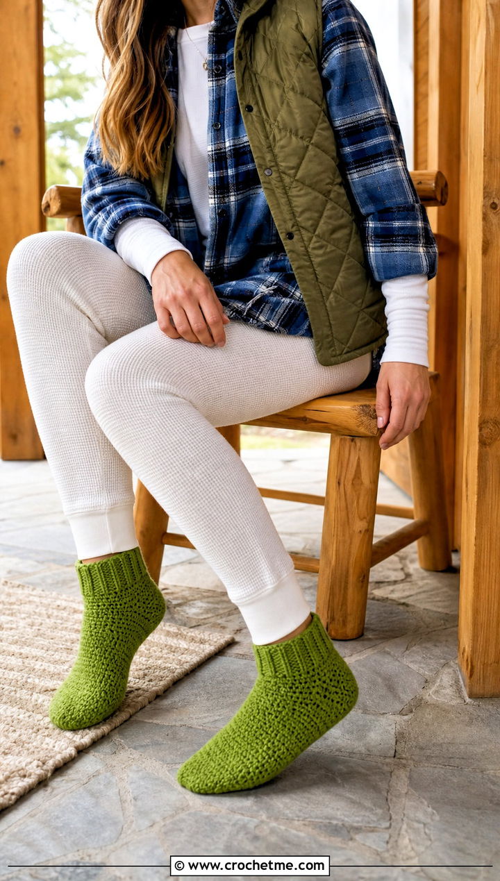 Toe Up Crocheted Slipper Socks With Flannel Shirt And Thermal Pants - 15 Crocheted Slipper Socks outfit ideas