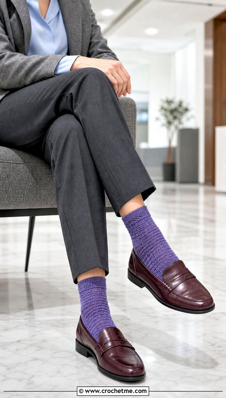Toe Up Fitted Crochet Winter Socks With Tailored Trousers - 30 crochet winter socks outfit ideas
