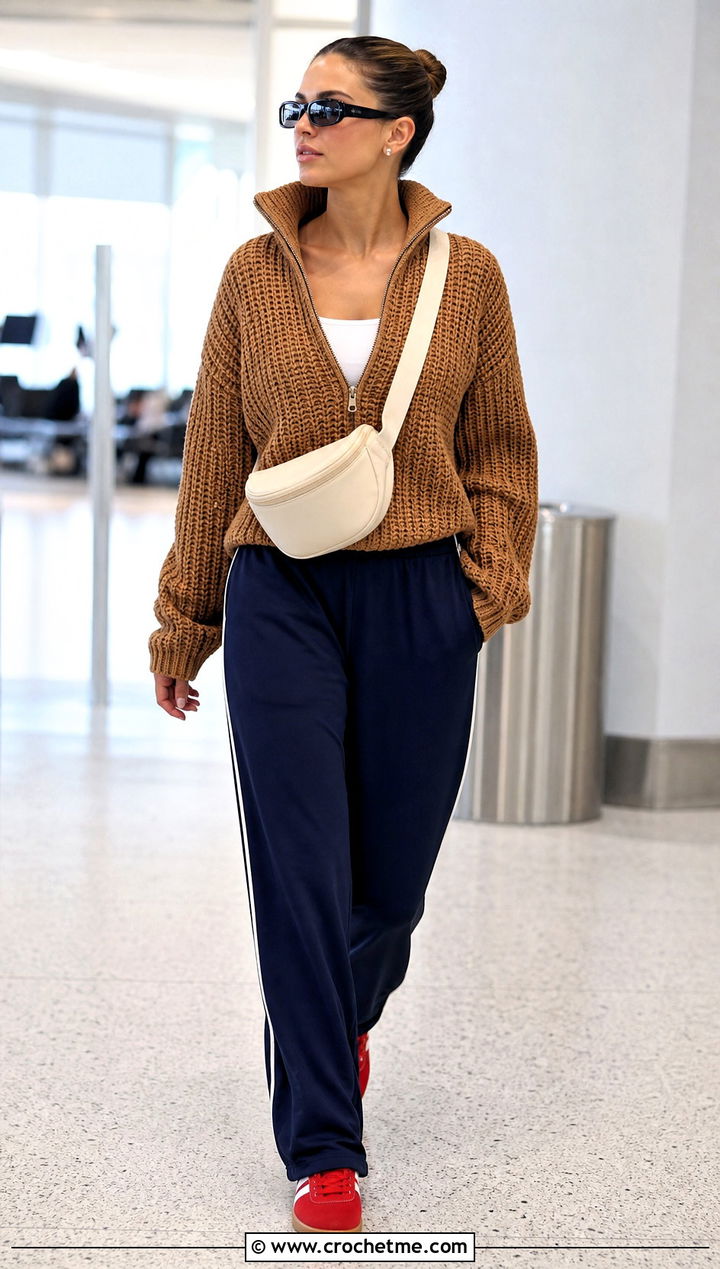 Toffee Quarter Zip Crochet Sweater With Track Pants - 15 Brown Crochet Sweater Design outfit ideas