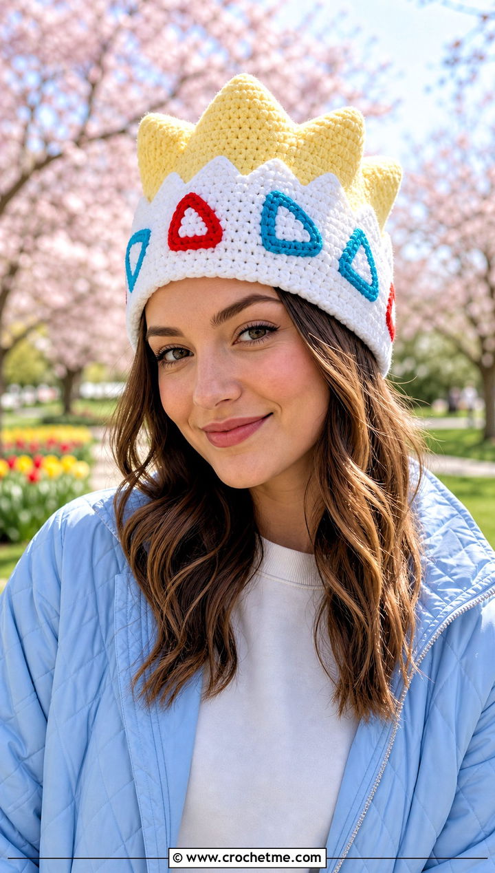 Togepi Eggshell Beanie With Quilted Jacket - 30 crochet pokemon beanie outfit ideas