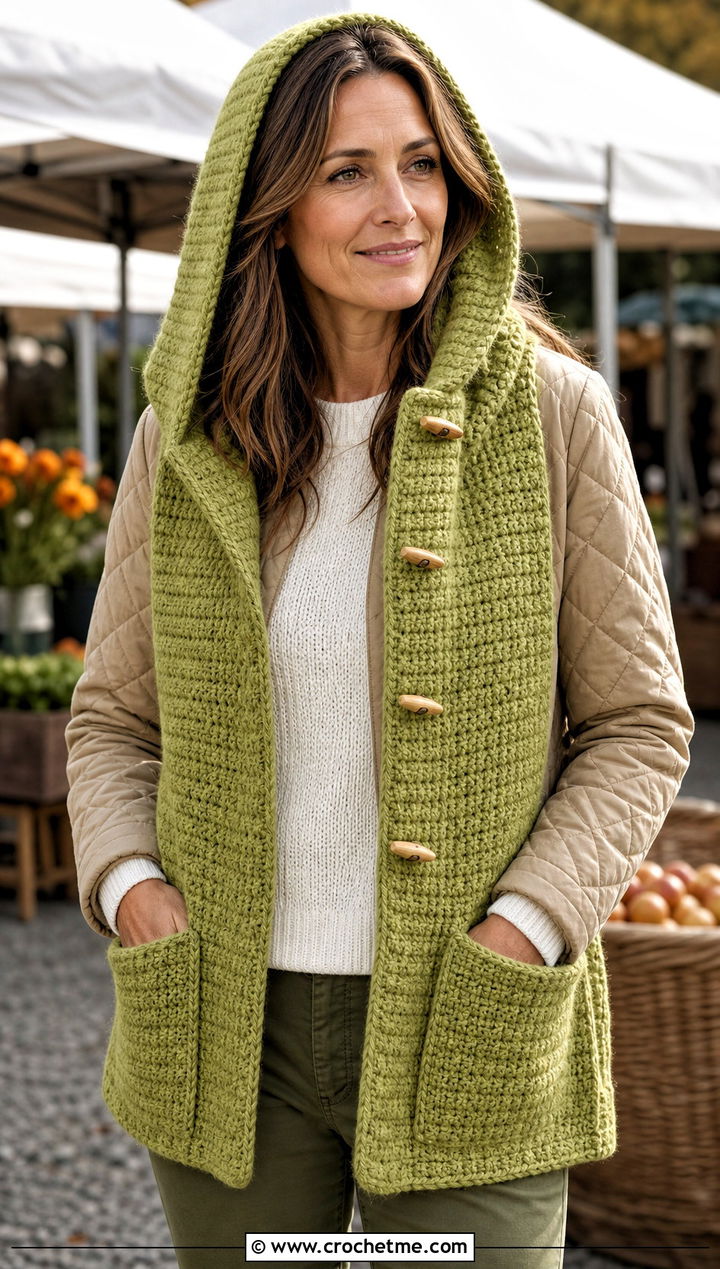 Toggle Button Crochet Hooded Pocket Scarf With Quilted Jacket - 25 crochet hooded pocket scarf outfit ideas